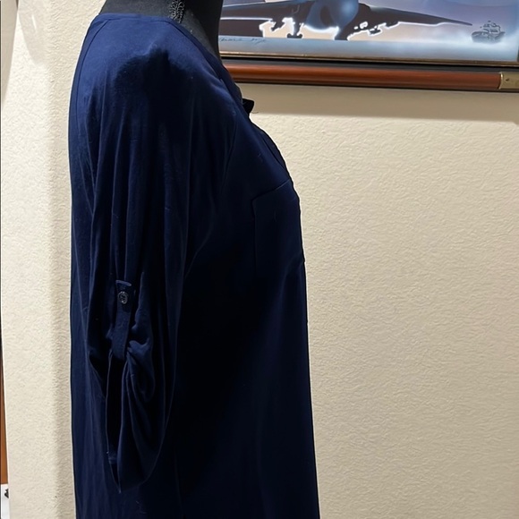 New York and Company Top Medium Navy Roll Tab Sleeve Henley Chiffon Front Rayon - Picture 8 of 11